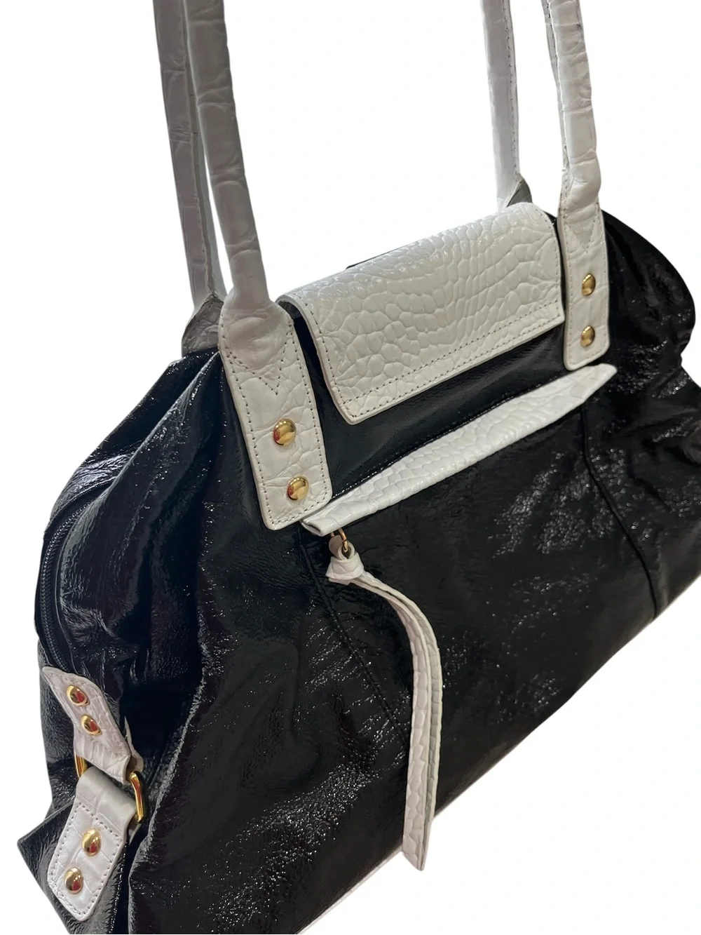 Sharif Studio Black White Faux Croc Patent Large Satchel Bag w/ Gold Hardware